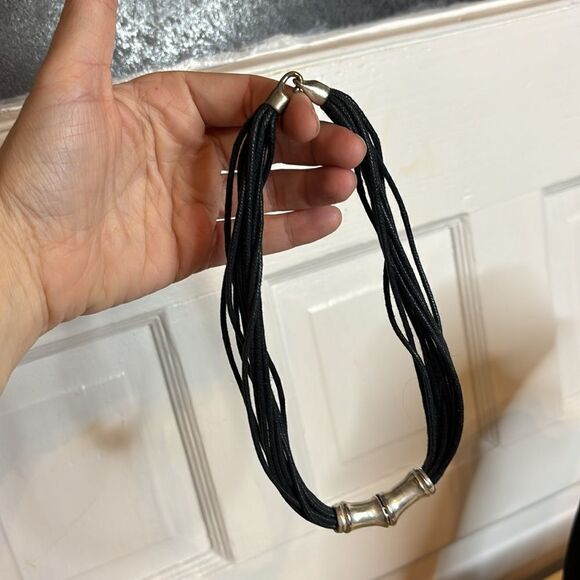 Multistrand black leather cord necklace with silver tone slider metal hook 16” - Picture 5 of 6